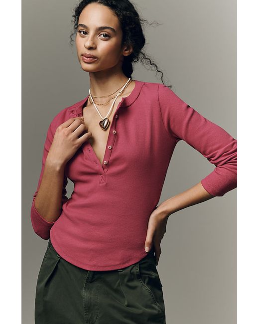 Open Yy Hook Long Sleeve Henley in Pink | Stylemi