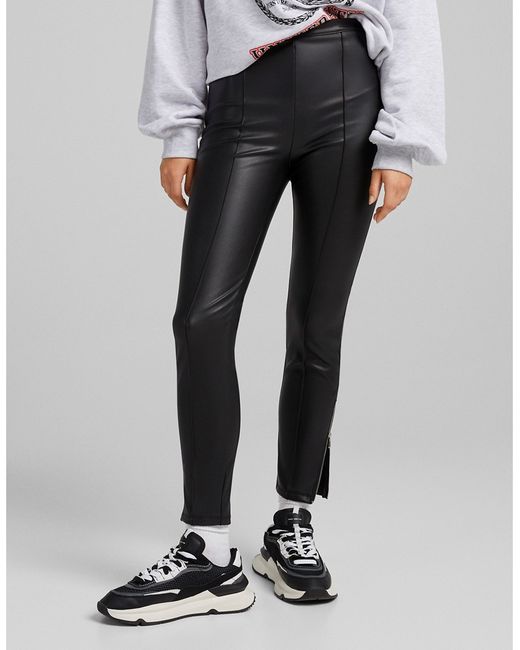Bershka Women's Lace Up Detail Faux Leather Flare Pant In