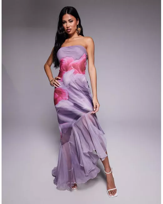 Asos Design halter maxi dress with ruffle hem blurred floral print- in  Multicolor | Stylemi