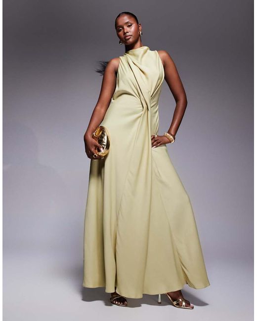 Asos Design high neck drape maxi satin dress with tucked detail pale olive-  in Green | Stylemi