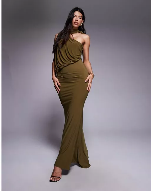 knee length dresses for ladies Rent ASOS DESIGN Satin One Shoulder Wrap Maxi Dress With Open Back In Black