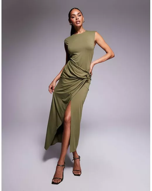 knee length dresses for ladies Rent ASOS DESIGN Tall Drape Twist Front Bandeau Maxi Dress With Invisible  Mesh In Rust main image 0