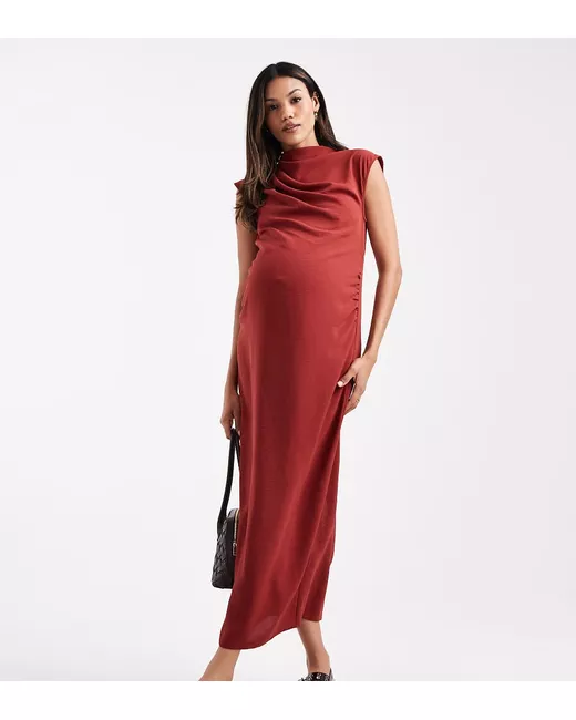 slim fit dress slacks Taupe beige satin dress with a side knot – Rinascimento main image 1