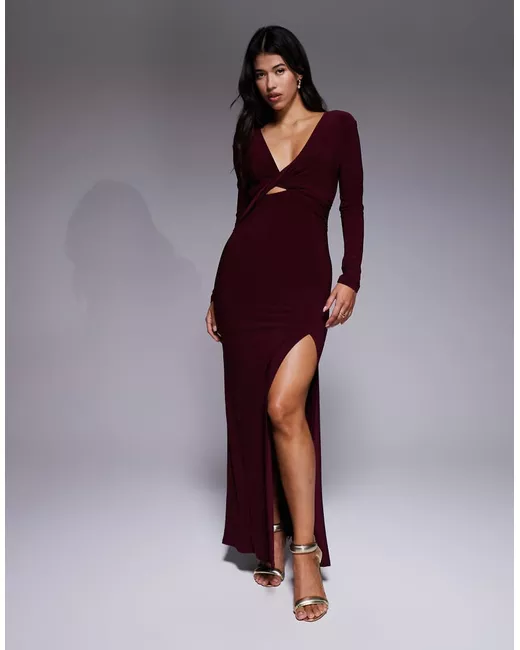 Asos Design trimmed halterneck maxi dress with twisted back detail burgundy-  in Red | Stylemi