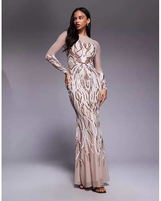 London Stunning Goddiva Champagne Sequin Maxi Dress UK 8 Bnwt | Stylemi