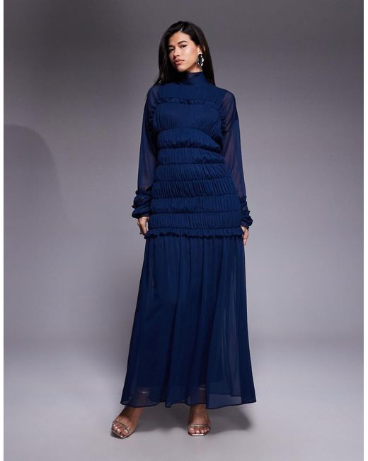daska high neck maxi dress DASKA Chiffon High Cowl Neck Frill Detail Maxi Dress in Blue