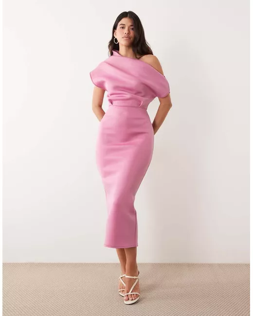 knee length dresses for ladies Rent Asos Design Satin One Shoulder Maxi Dress With Waist Detail In Sage  Green