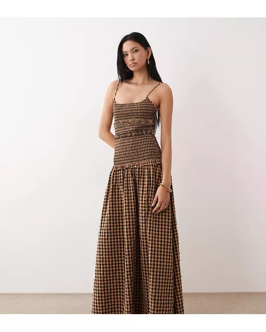 one shoulder chocolate brown dress Pink Gingham Cottagecore Dress with Ruched Straps & Bow Back – Effortlessly  Her