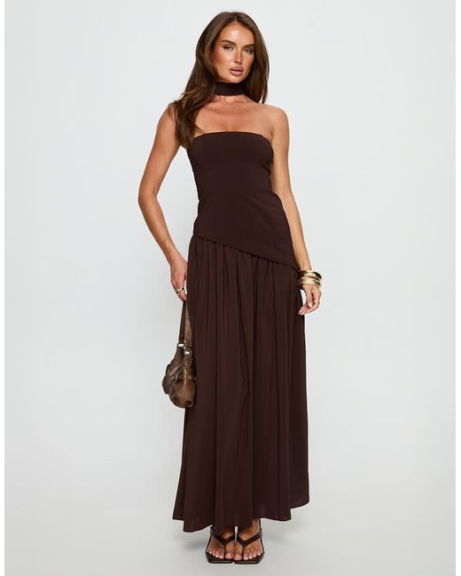 Princess Polly tailored bandeau chiffon hem scarf detail maxi dress  chocolate- Brown