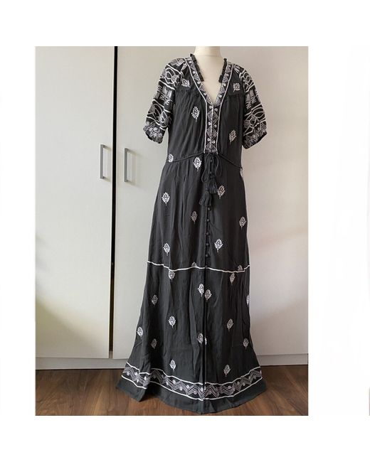 Free People Dahlia Embroidered Maxi Dress Tiered Smocked Combo XS in Black  | Stylemi