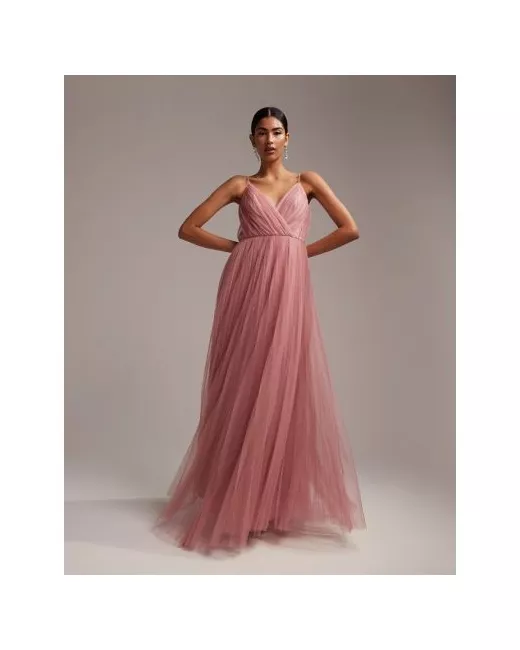 open lace back dress Asos Design Cami Pleated Tulle Maxi Dress In Rose Pink