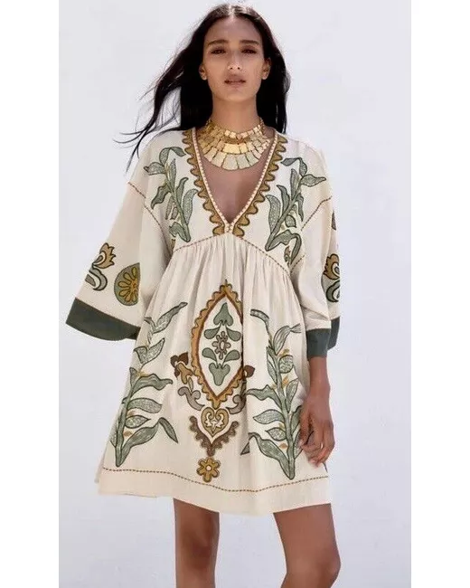 Zara New Kaftan Dress With Beads Ecru M-L Bnwt in White | Stylemi