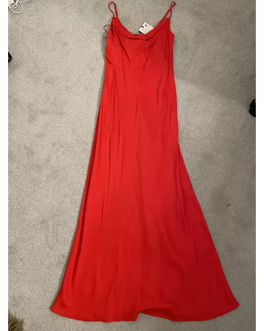 open lace back dress NEW Zara Red Satin Silk Sleeveless Deep V Neck Slit Cutout Back Maxi D –  Brie main image 1