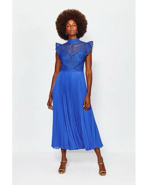 Karen Millen Silk Dress Chiffon Black Lace Sleeves Pleated BN in Blue |  Stylemi