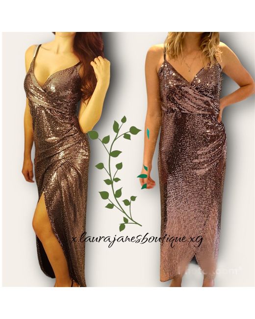 Quiz Gold Sequin Strappy Split Dress Uk 12 Bnwt in Black | Stylemi
