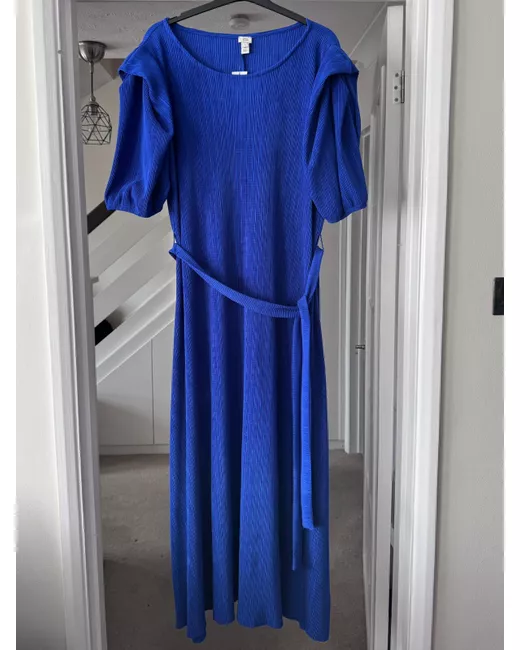 River Island Cobalt Puff Sleeve Belted Midi Dress 18 Christmas in Blue