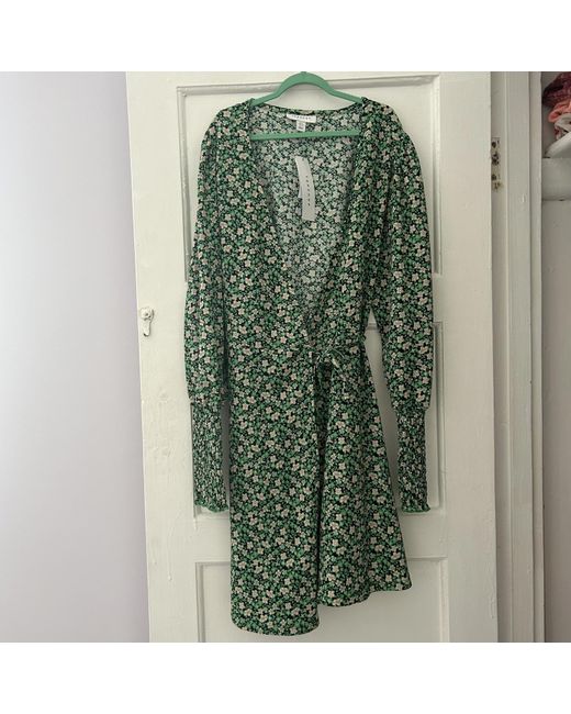 topshop green floral wrap dress Topshop Floral Midi Wrap Occasion Dress In Yellow Floral Print main image 1