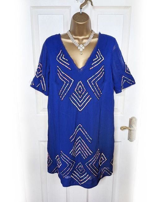 French Connection Sequin V-Neck Semi Sheer Shift Dress 12 BNWT in Blue |  Stylemi