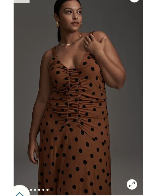 Anthropologie Polka Dot Midi Dress Ruched UK 20-22 2X By Maeve in Brown |  Stylemi