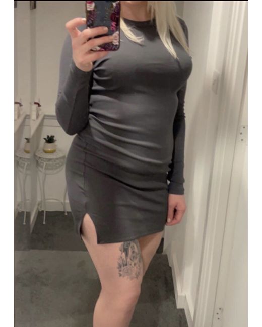 Bershka Long Sleeved Mini Dress M 10-12 Grey Ribbed Bnwt in Gray | Stylemi