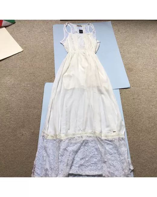 hollister dresses white lace maxi dress Women's Embroidered Babydoll Maxi Dress in Size XXL from Hollister neck design with frill trim Hollister shirred detail tie back