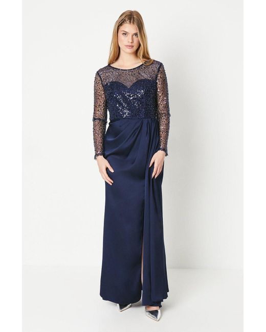 Debut London Prom Dress Long Sleeve Satin Navy Elegant Wedding Gown in Dark  Blue