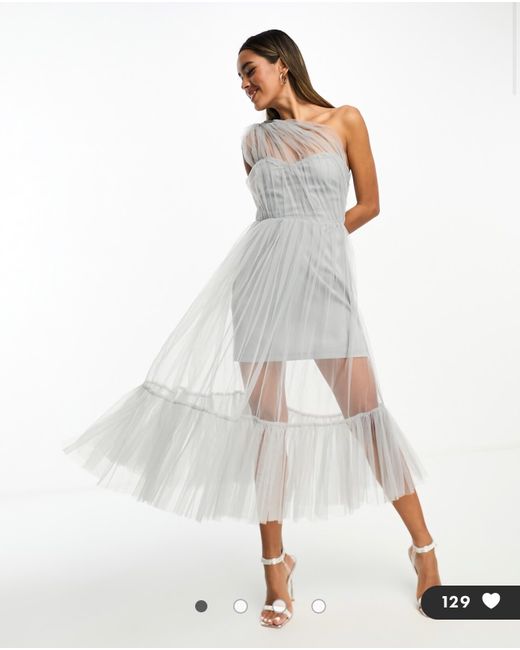 princess polly baby blue dress Tulle Lace Beads Bridesmaid sheer one shoulder midi dress dusty in Blue