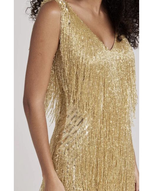 slim fit dress slacks CELINA Gold Sequin Draped Dress main image 1