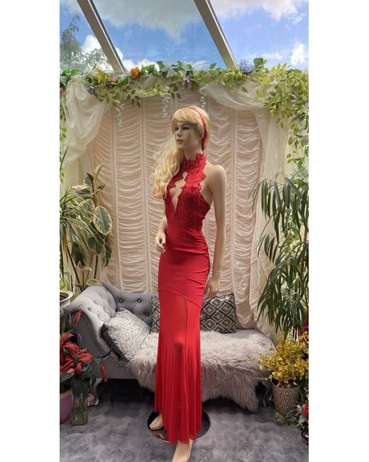 Rare London Maxi Red dress Fishtail Sheer Halter Corded Lace 6 UK in Floral  | Stylemi