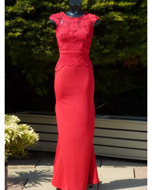 long navy blue dress with lace A Line Spaghetti Straps Tiered Lace Prom Dress, Red / Custom Size