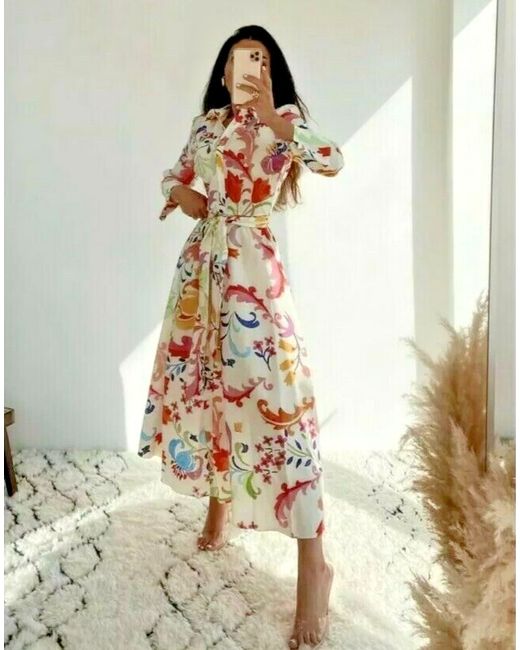 Zara Off White Ivory Multi Floral Print Midi Summer Belted Shirt Dress M 12  in Multicolor | Stylemi