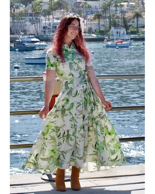Zara New Midi Belted Coll. Floral Print Shirt Dress Ecru L 2183/058 in Green  | Stylemi