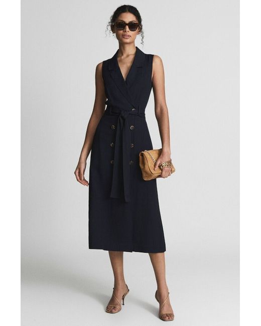 Reiss Mariah Linen Belted Button Midi Shirt Dress Navy in Blue | Stylemi