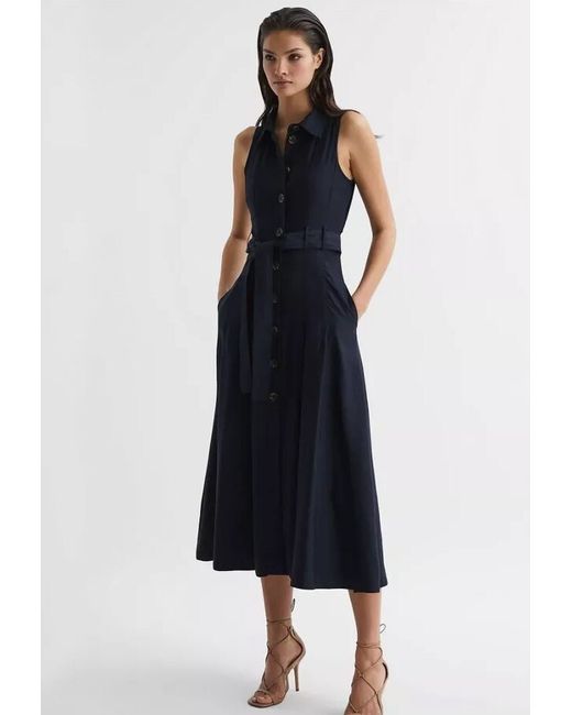 Reiss Mariah Linen Belted Button Midi Shirt Dress Navy in Blue | Stylemi