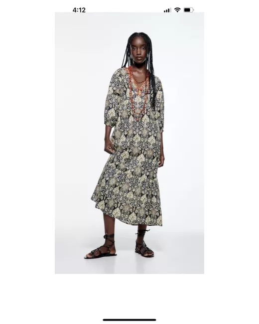 Zara Print Midi Tunic Kaftan Dress Xsecru Black Linen Cotton Blend in  Floral | Stylemi
