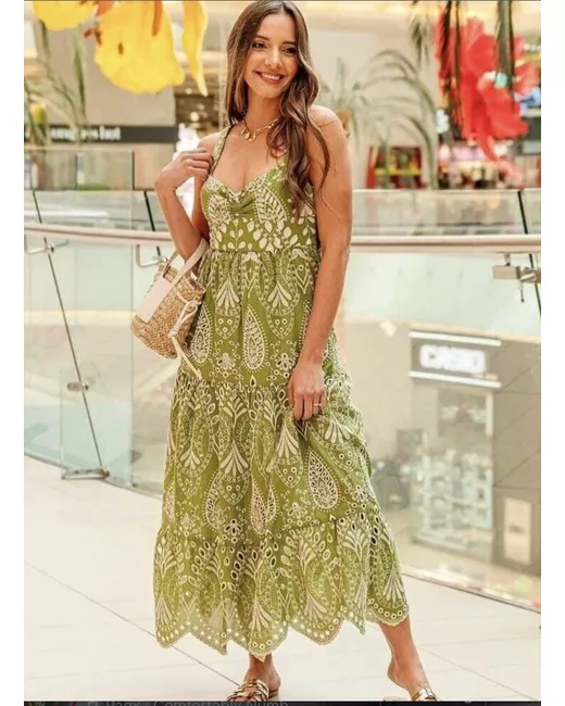 Zara Ss24 Openwork Embroidered Midi Dress Xs 3229/472 Nwt in Green | Stylemi