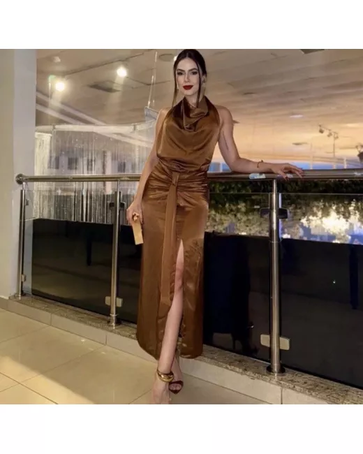 Zara New Ss25 Satin Effect Halter Midi Dress 3897/090 Xl in Brown | Stylemi