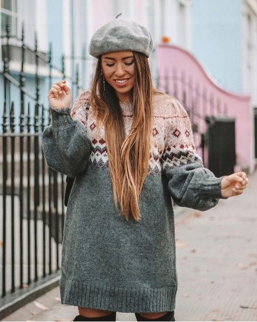 Zara Knit Zara Grey Jacquard Knit Dress Long Sweater With Puff Sleeves M in  Gray | Stylemi