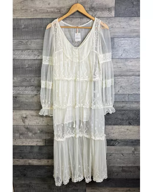 Free People Stevie Maxi Dress XS Ivory Lace Mesh Boho Hippie Sheer Long   | Stylemi