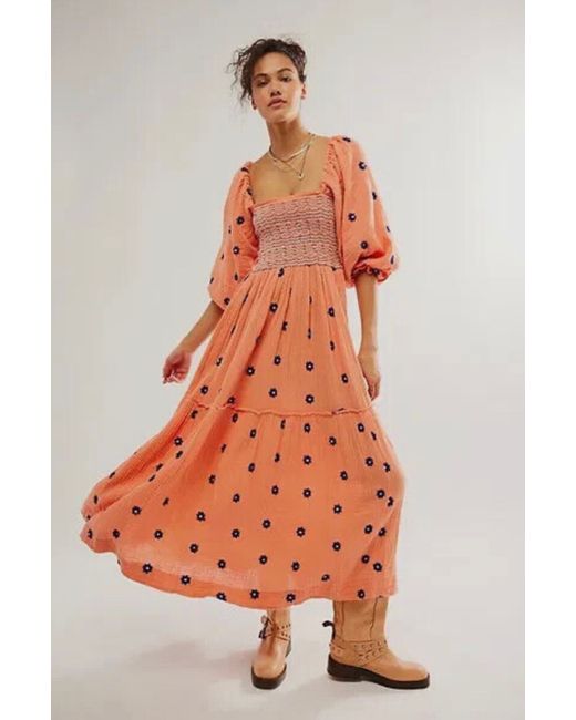 Free People Dahlia Embroidered Maxi Dress Tiered Smocked Combo XS in Black  | Stylemi