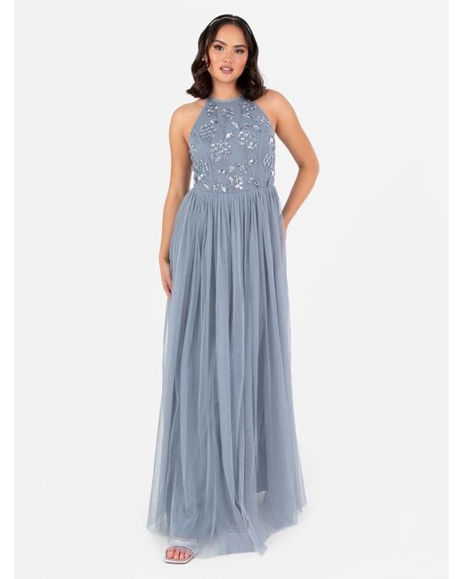 Maya Blue Embellished Halter Neck Long Dress in Floral | Stylemi