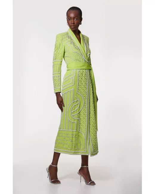 KarenMillen Crystal Embellished Woven Maxi Blazer Dress in Green | Stylemi