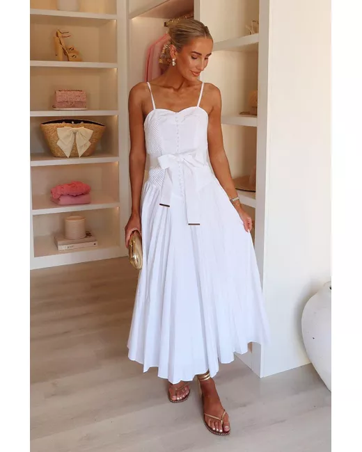 KarenMillen Cotton Top Stitch Dropped Waist Woven Strappy Midi Dress in  White | Stylemi