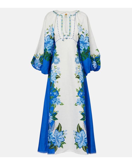 Farm Rio embroidered puff-sleeve maxi dress in Blue | Stylemi