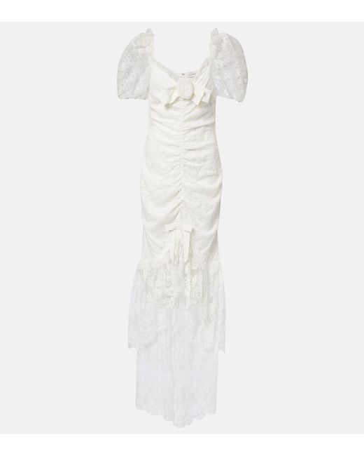 Alessandra Rich Bow-detail ruched lace gown in White | Stylemi